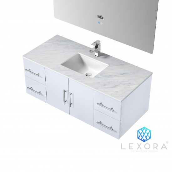 Geneva 48" Glossy White Single Vanity, White Carrara Marble Top, White Square Sink and 48" LED Mirror w/ Faucet