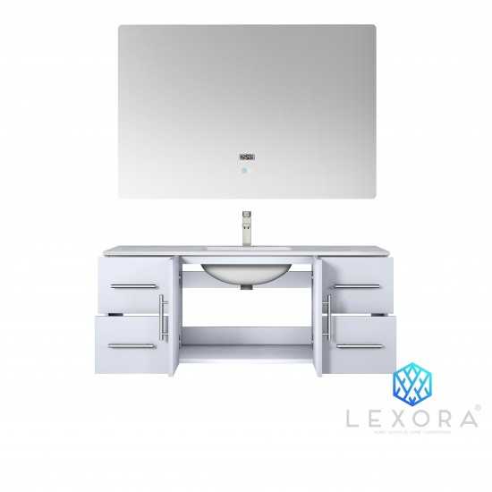 Geneva 48" Glossy White Single Vanity, White Carrara Marble Top, White Square Sink and 48" LED Mirror w/ Faucet