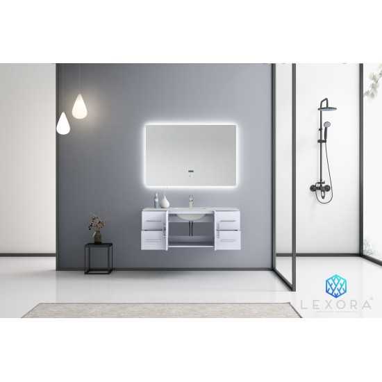 Geneva 48" Glossy White Single Vanity, White Carrara Marble Top, White Square Sink and 48" LED Mirror w/ Faucet