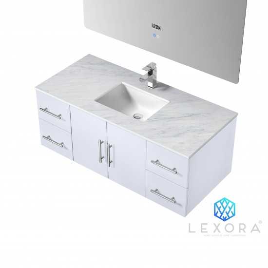 Geneva 48" Glossy White Single Vanity, White Carrara Marble Top, White Square Sink and 48" LED Mirror