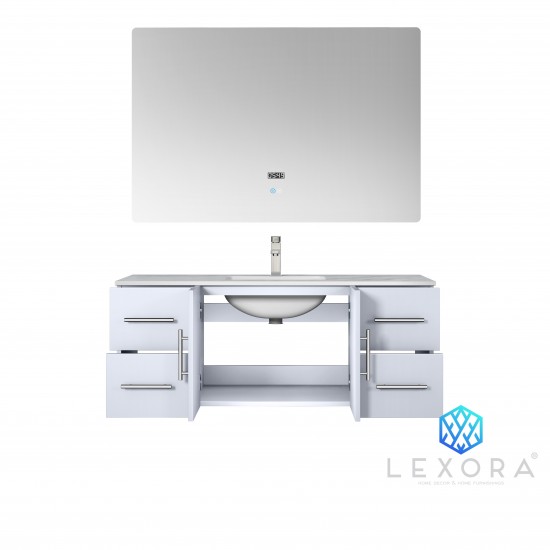 Geneva 48" Glossy White Single Vanity, White Carrara Marble Top, White Square Sink and 48" LED Mirror