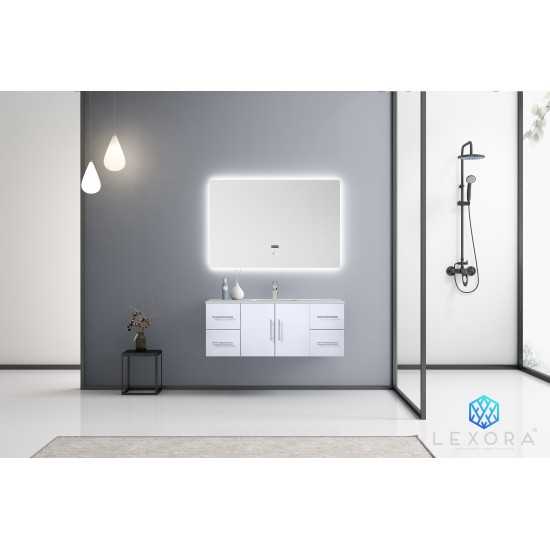 Geneva 48" Glossy White Single Vanity, White Carrara Marble Top, White Square Sink and 48" LED Mirror
