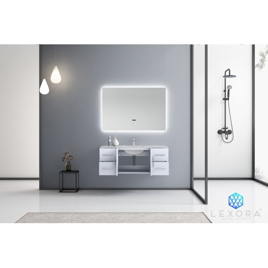 Geneva 48" Glossy White Single Vanity, White Carrara Marble Top, White Square Sink and 48" LED Mirror