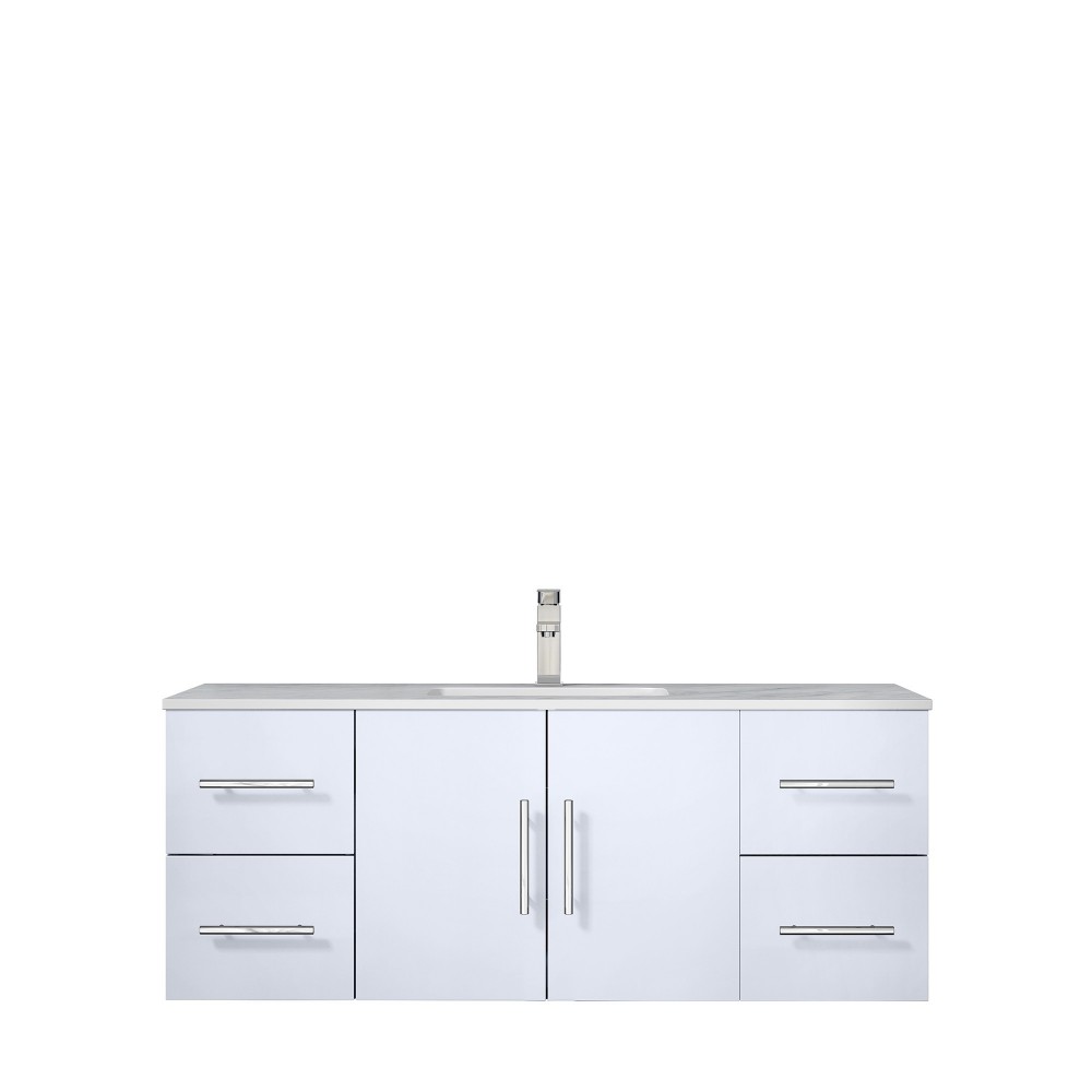 Geneva 48" Glossy White Single Vanity, White Carrara Marble Top, White Square Sink and no Mirror