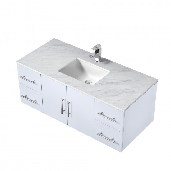 Geneva 48" Glossy White Single Vanity, White Carrara Marble Top, White Square Sink and no Mirror