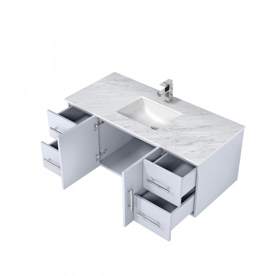 Geneva 48" Glossy White Single Vanity, White Carrara Marble Top, White Square Sink and no Mirror