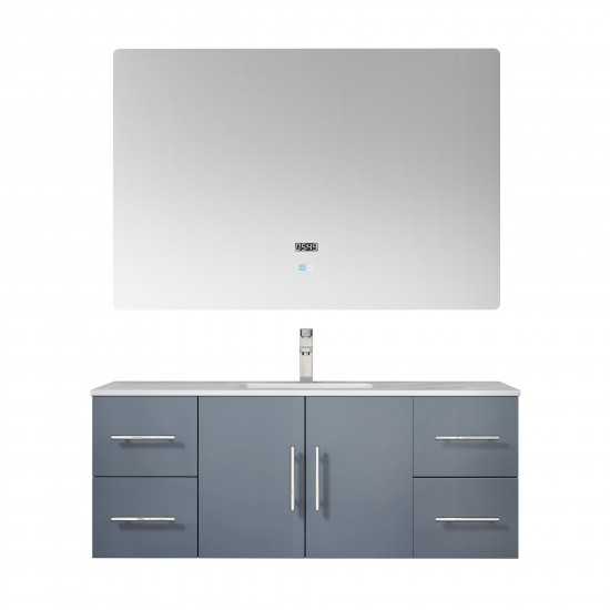 Geneva 48" Dark Grey Single Vanity, White Carrara Marble Top, White Square Sink and 48" LED Mirror w/ Faucet