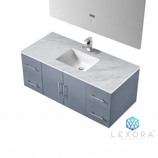 Geneva 48" Dark Grey Single Vanity, White Carrara Marble Top, White Square Sink and 48" LED Mirror w/ Faucet