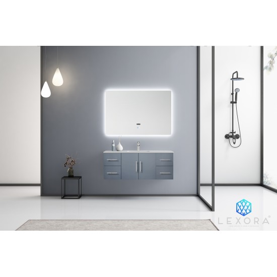 Geneva 48" Dark Grey Single Vanity, White Carrara Marble Top, White Square Sink and 48" LED Mirror w/ Faucet