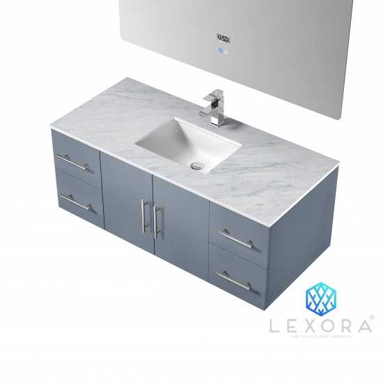 Geneva 48" Dark Grey Single Vanity, White Carrara Marble Top, White Square Sink and 48" LED Mirror