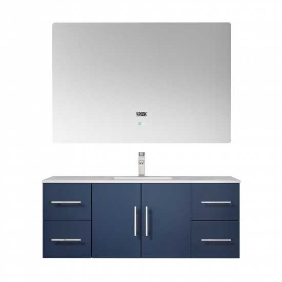 Geneva 48" Navy Blue Single Vanity, White Carrara Marble Top, White Square Sink and 48" LED Mirror w/ Faucet