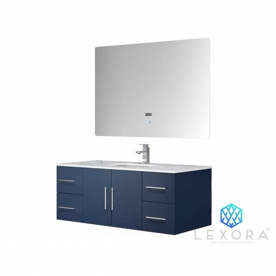 Geneva 48" Navy Blue Single Vanity, White Carrara Marble Top, White Square Sink and 48" LED Mirror w/ Faucet