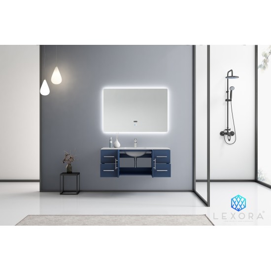 Geneva 48" Navy Blue Single Vanity, White Carrara Marble Top, White Square Sink and 48" LED Mirror w/ Faucet