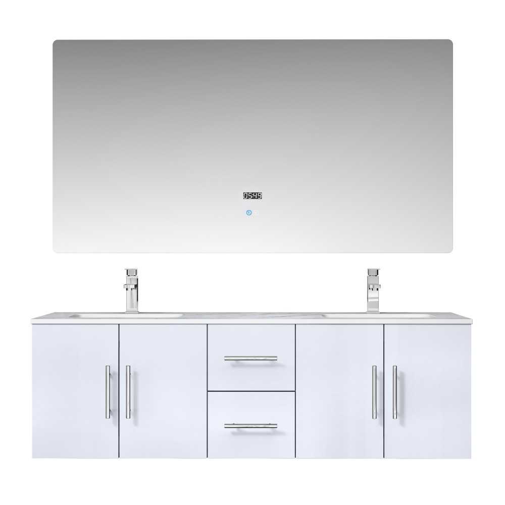 Geneva 60" Glossy White Double Vanity, White Carrara Marble Top, White Square Sinks and 60" LED Mirror w/ Faucets Geneva 60" Glossy White Double Vanity, White Carrara Marble Top, White Square Sinks and 60" LED Mirror w/ Faucets