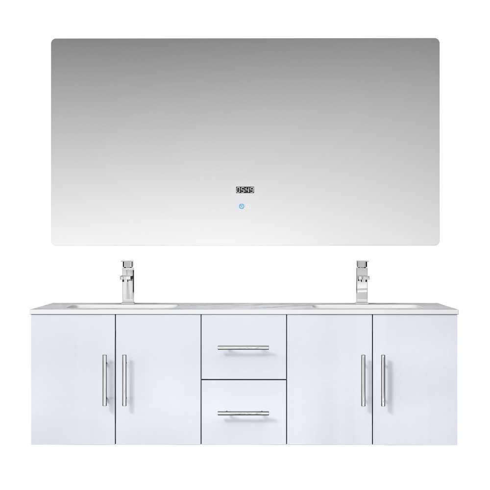 Geneva 60" Glossy White Double Vanity, White Carrara Marble Top, White Square Sinks and 60" LED Mirror w/ Faucets