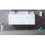 Geneva 60" Glossy White Double Vanity, White Carrara Marble Top, White Square Sinks and 60" LED Mirror w/ Faucets