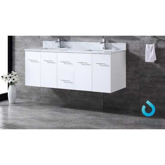 Geneva 60" Glossy White Double Vanity, White Carrara Marble Top, White Square Sinks and 60" LED Mirror w/ Faucets