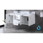 Geneva 60" Glossy White Double Vanity, White Carrara Marble Top, White Square Sinks and 60" LED Mirror w/ Faucets