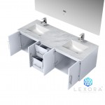 Geneva 60" Glossy White Double Vanity, White Carrara Marble Top, White Square Sinks and 60" LED Mirror w/ Faucets