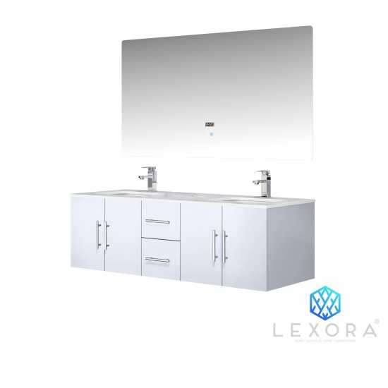 Geneva 60" Glossy White Double Vanity, White Carrara Marble Top, White Square Sinks and 60" LED Mirror w/ Faucets