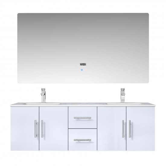 Geneva 60" Glossy White Double Vanity, White Carrara Marble Top, White Square Sinks and 60" LED Mirror