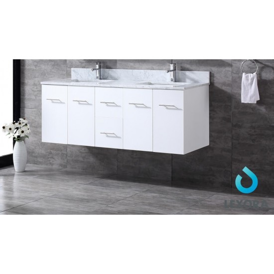 Geneva 60" Glossy White Double Vanity, White Carrara Marble Top, White Square Sinks and 60" LED Mirror