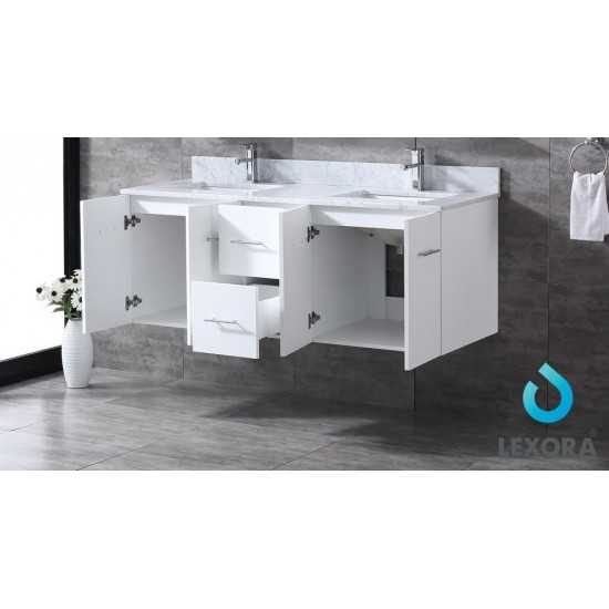 Geneva 60" Glossy White Double Vanity, White Carrara Marble Top, White Square Sinks and 60" LED Mirror