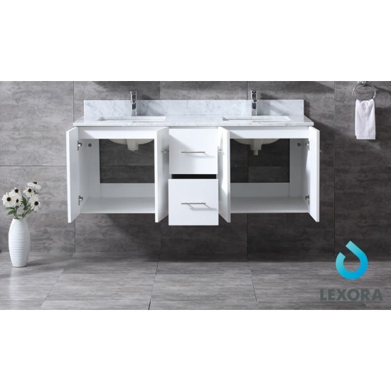 Geneva 60" Glossy White Double Vanity, White Carrara Marble Top, White Square Sinks and 60" LED Mirror