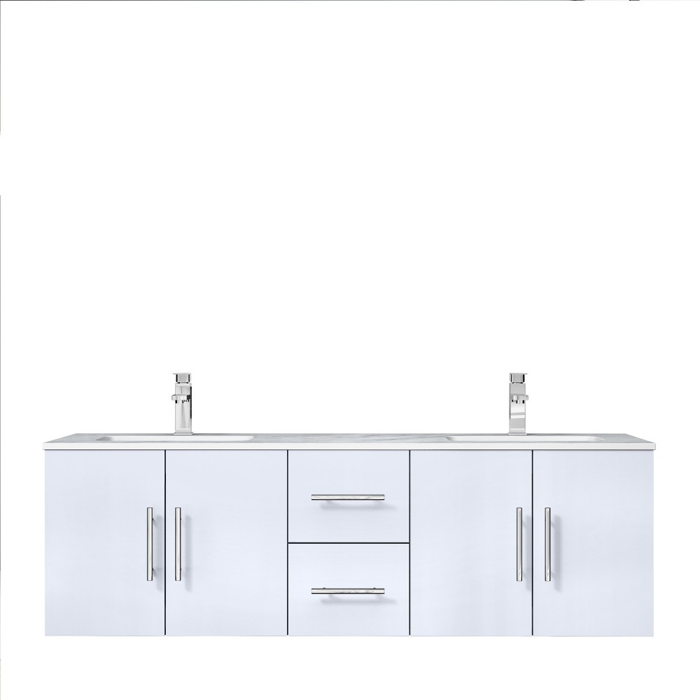 Geneva 60" Glossy White Double Vanity, White Carrara Marble Top, White Square Sinks and no Mirror
