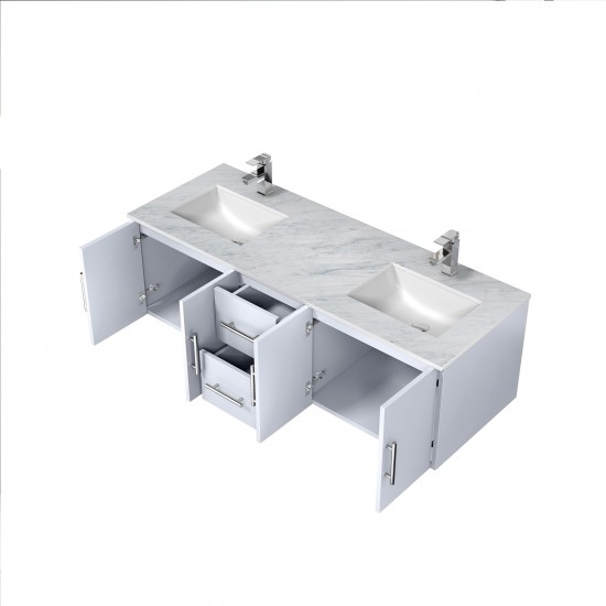 Geneva 60" Glossy White Double Vanity, White Carrara Marble Top, White Square Sinks and no Mirror