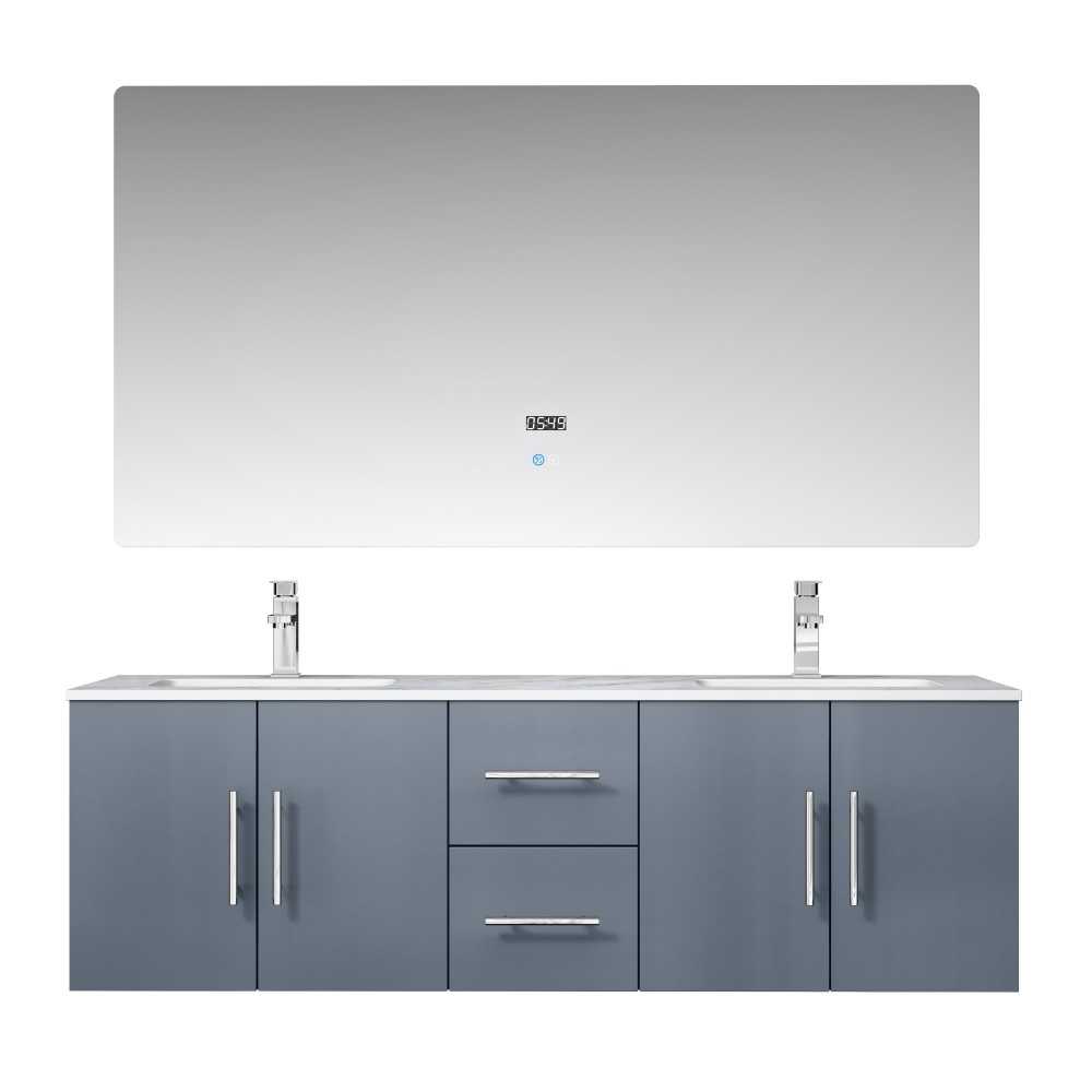 Geneva 60" Dark Grey Double Vanity, White Carrara Marble Top, White Square Sinks and 60" LED Mirror w/ Faucets