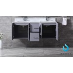 Geneva 60" Dark Grey Double Vanity, White Carrara Marble Top, White Square Sinks and 60" LED Mirror w/ Faucets