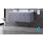 Geneva 60" Dark Grey Double Vanity, White Carrara Marble Top, White Square Sinks and 60" LED Mirror w/ Faucets