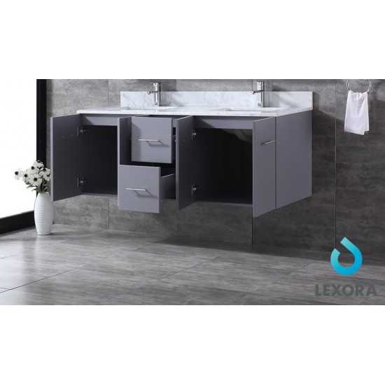 Geneva 60" Dark Grey Double Vanity, White Carrara Marble Top, White Square Sinks and 60" LED Mirror w/ Faucets