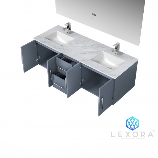 Geneva 60" Dark Grey Double Vanity, White Carrara Marble Top, White Square Sinks and 60" LED Mirror w/ Faucets