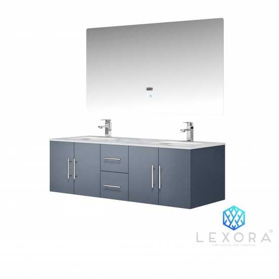 Geneva 60" Dark Grey Double Vanity, White Carrara Marble Top, White Square Sinks and 60" LED Mirror w/ Faucets