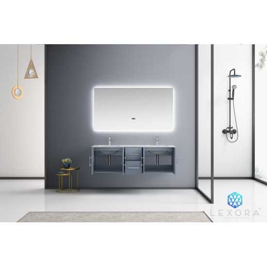 Geneva 60" Dark Grey Double Vanity, White Carrara Marble Top, White Square Sinks and 60" LED Mirror w/ Faucets