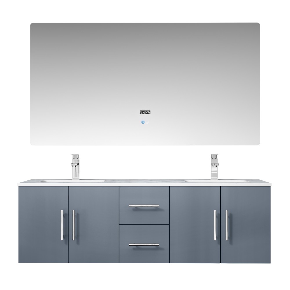 Geneva 60" Dark Grey Double Vanity, White Carrara Marble Top, White Square Sinks and 60" LED Mirror