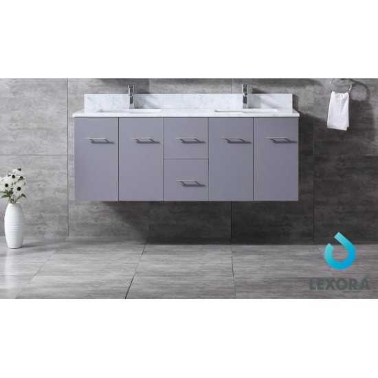 Geneva 60" Dark Grey Double Vanity, White Carrara Marble Top, White Square Sinks and 60" LED Mirror