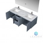 Geneva 60" Dark Grey Double Vanity, White Carrara Marble Top, White Square Sinks and 60" LED Mirror