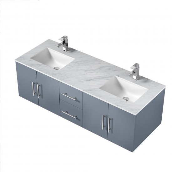 Geneva 60" Dark Grey Double Vanity, White Carrara Marble Top, White Square Sinks and no Mirror