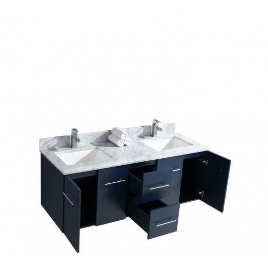 Geneva 60" Navy Blue Double Vanity, White Carrara Marble Top, White Square Sinks and 60" LED Mirror