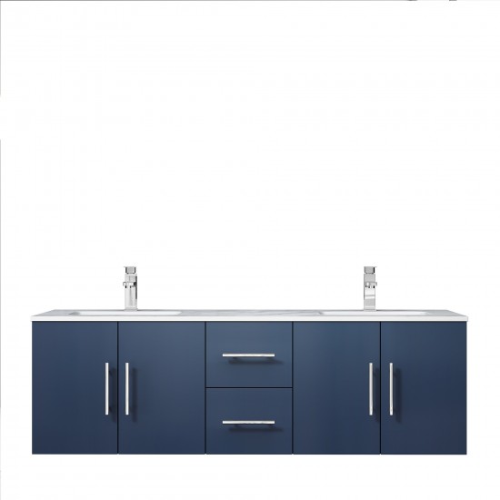 Geneva 60" Navy Blue Double Vanity, White Carrara Marble Top, White Square Sinks and no Mirror