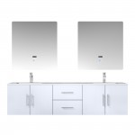 Geneva 72" Glossy White Double Vanity, White Carrara Marble Top, White Square Sinks and 30" LED Mirrors w/ Faucets