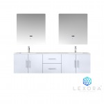 Geneva 72" Glossy White Double Vanity, White Carrara Marble Top, White Square Sinks and 30" LED Mirrors w/ Faucets