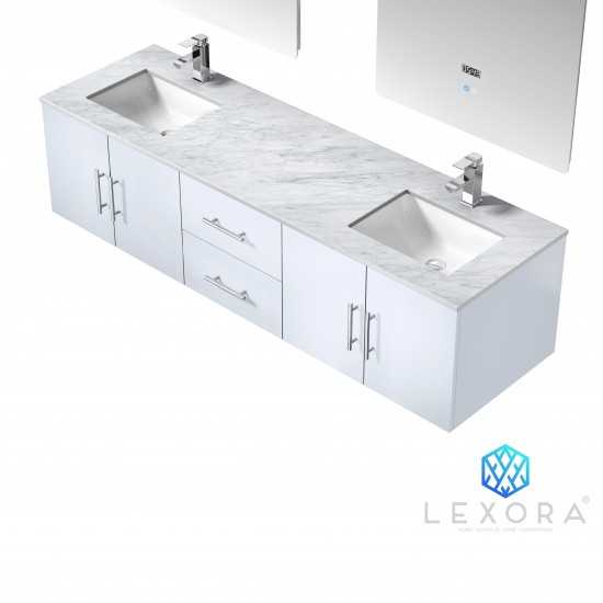 Geneva 72" Glossy White Double Vanity, White Carrara Marble Top, White Square Sinks and 30" LED Mirrors w/ Faucets