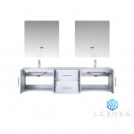 Geneva 72" Glossy White Double Vanity, White Carrara Marble Top, White Square Sinks and 30" LED Mirrors w/ Faucets