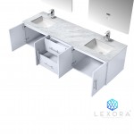 Geneva 72" Glossy White Double Vanity, White Carrara Marble Top, White Square Sinks and 30" LED Mirrors w/ Faucets