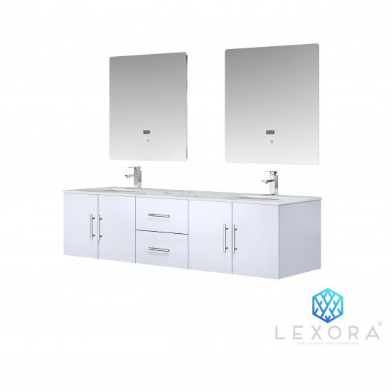 Geneva 72" Glossy White Double Vanity, White Carrara Marble Top, White Square Sinks and 30" LED Mirrors w/ Faucets