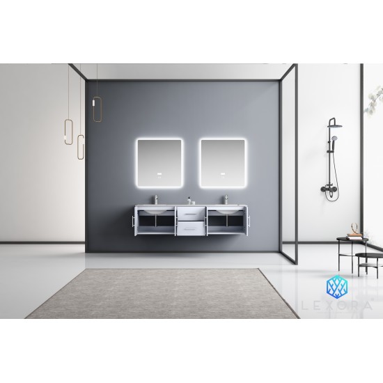 Geneva 72" Glossy White Double Vanity, White Carrara Marble Top, White Square Sinks and 30" LED Mirrors w/ Faucets